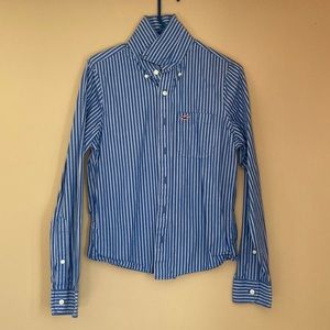 Blue and white striped button up shirt